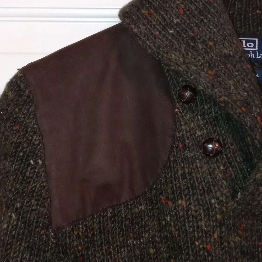 🍁VERY RARE/VTG Polo Ralph Lauren🍁 - Shawl Collar Wool Sweater Leather Details
